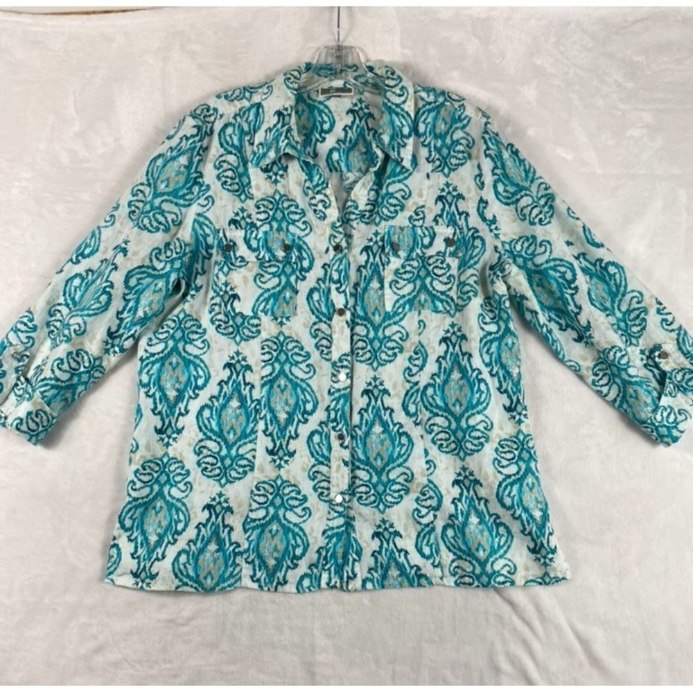 2/$30 JM Collection 100% Linen Shirt Sz 14 Blue 3/4 Sleeve Lagen Coastal